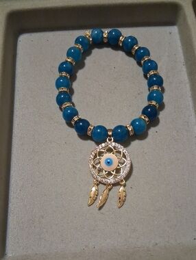 Gold Charm Blue Apatite Beaded Women’s Bracelet with Evil Eye